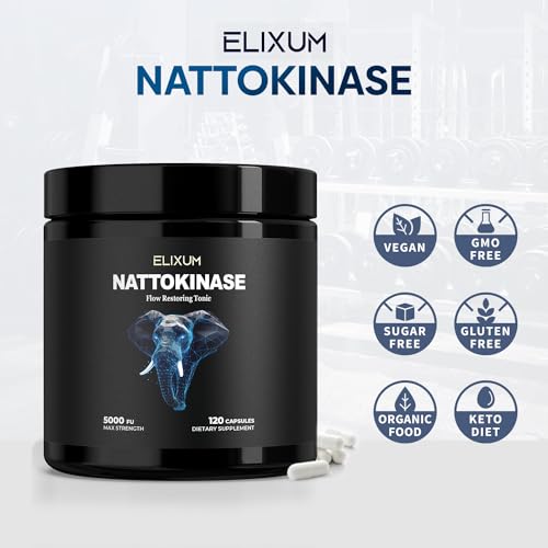 Elixum Nattokinase 5000 FU (120 Capsules) - Enzymes to Promote Healthy Blood Flow & Circulation - Vegan - (Non-GMO & Gluten Free)