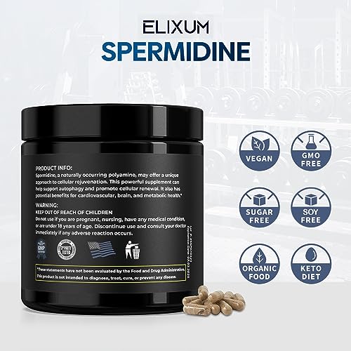 Elixum Spermidine 1300mg (90 Capsules) - Wheat Germ Extract & Zinc to Promote Cellular Renewal - Non-GMO, Vegan Capsules - Supports Healthy Aging