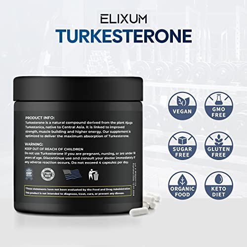 Elixum Turkesterone 1200mg (90 Capsules) - Promotes Strength, Endurance, Energy, Drive, Focus, & Recovery - Vegan, Non GMO - Highly bioavailable, Plant Based Supplement - 100% Pure Ajuga Turkestanica